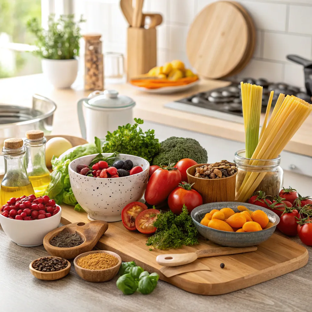 A vibrant display of various culinary ingredients and utensils with an inspiring atmosphere